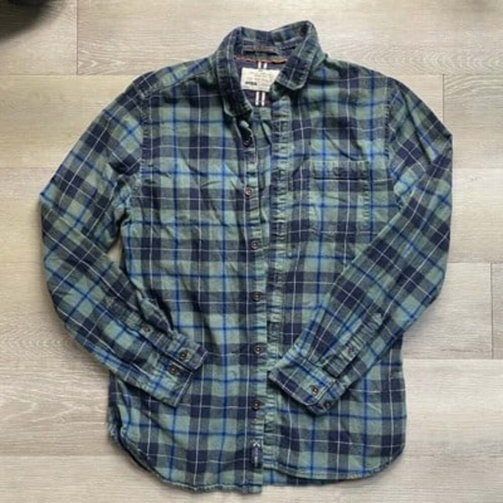 100% Cotton Lightweight Flannel Blue Green Plaid Button Down Women’s Small